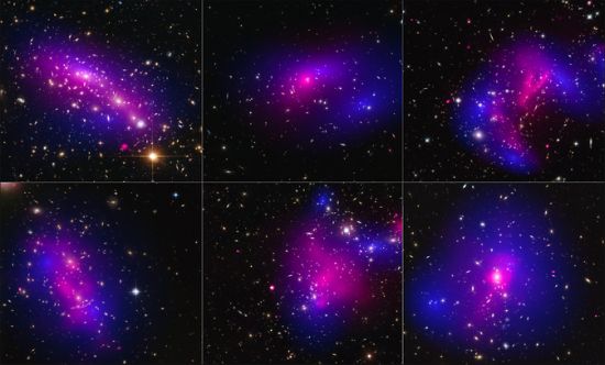 Οι εικόνες είναι από έξι διαφορετικά σμήνη γαλαξιών που ελήφθησαν με το διαστημικό τηλεσκόπιο Hubble της NASA (μπλε) και το Παρατηρητήριο Ακτίνων-Χ Chandra (ροζ) σε μια μελέτη για το πώς συμπεριφέρεται η σκοτεινή ύλη σε σμήνη των γαλαξιών όταν τα σμήνη συγκρούονται.