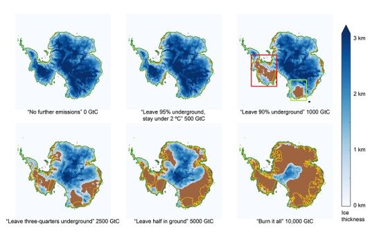 Η εικόνα δείχνει πως θα μπορούσε να επηρεαστεί ο πάγος στην Ανταρκτική από διάφορα σενάρια εκπομπών. (GtC: Γιγα-τόνοι Άνθρακα) 