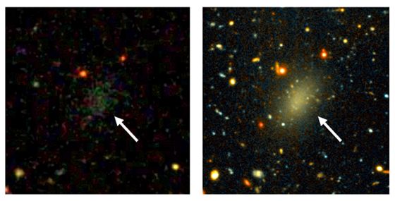 Ο σκοτεινός γαλαξίας Dragonfly 44. Η εικόνα αριστερά είναι από την Sloan Digital Sky Survey. Μόνο μια θαμπή μουντζούρα είναι ορατή. Η εικόνα δεξιά είναι μετά από μια μακρά έκθεση με το τηλεσκόπιο Gemini, που αποκαλύπτει ένα μεγάλο μακρόστενο αντικείμενο. (Εικόνες από Pieter van Dokkum, Roberto Abraham, Gemini, Sloan Digital Sky Survey)