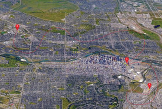 Οι τρεις τοποθεσίες στην πόλη του Calgary στις οποίες εξελήχθηκε το πείραμα: Η τοποθεσία Β είναι το Πανεπιστήμιο του Calgary και η τοποθεσία C είναι ένα κτίριο δίπλα στο Δημαρχείο στο κέντρο του Calgary. Η απόσταση τηλεμεταφοράς - την περίπτωσή μας η απόσταση μεταξύ C και B είναι 6,2 Km. 